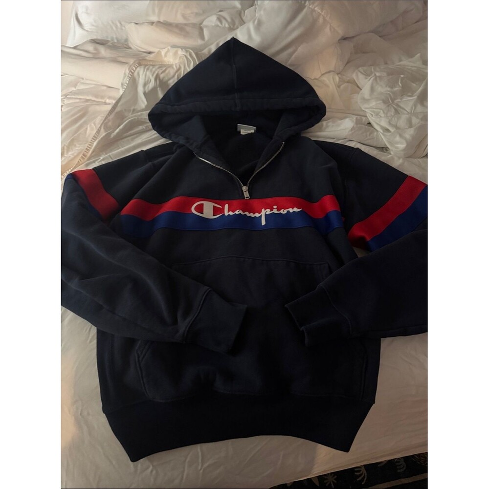 Champion Navy Half-Zip Sweatshirt with Red & Blue Stripes